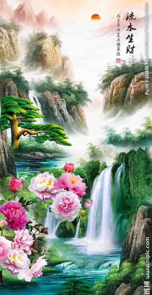 流水生财玄关背景墙图片