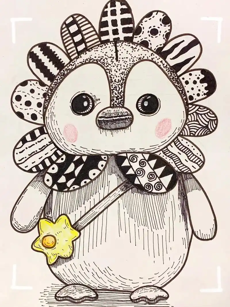 《小企鹅93》儿童线描画.1.先用铅笔勾画出企鹅的外形轮廓, - 抖音