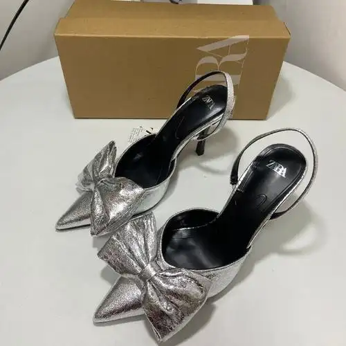 za新品2024外贸法式高跟鞋细跟金属系尖头蝴蝶结后绑带时装凉鞋女