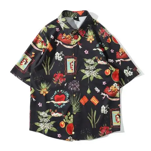 痞帅vetiver衬衣男复古港味夏威夷chic宽松短袖花衬衫情侣外套潮