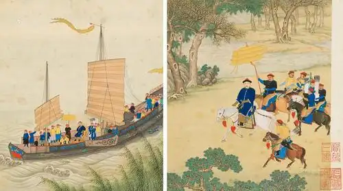 1038清康熙出巡图册页设色纸本