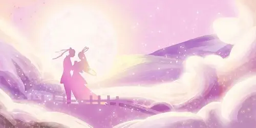 唯美梦幻粉色系手绘七夕剪影牛郎织女原创插画素材背景