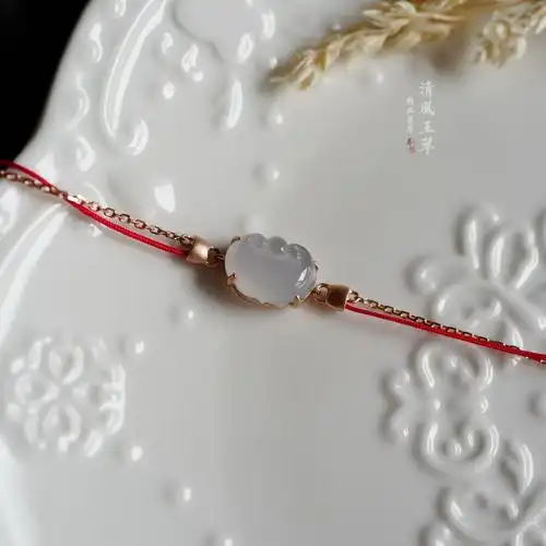 清风玉翠18k如意翡翠手链幸运红绳金链手饰