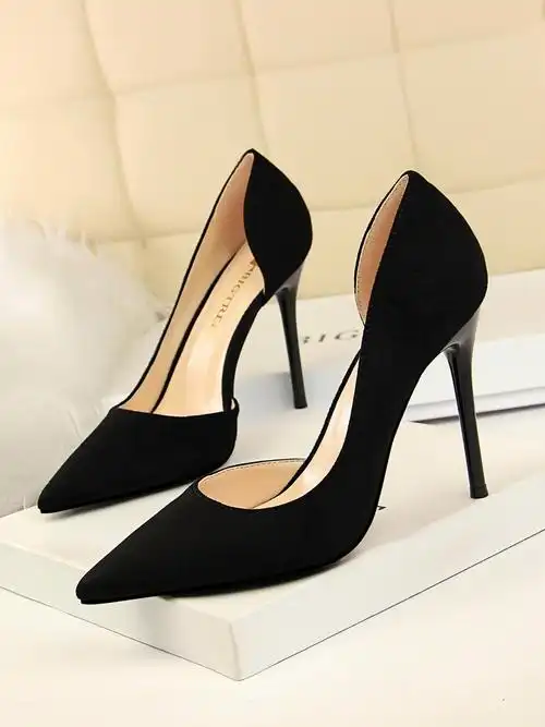 韩版时尚尖头春秋新款绒面黑色高跟鞋细跟百搭单鞋