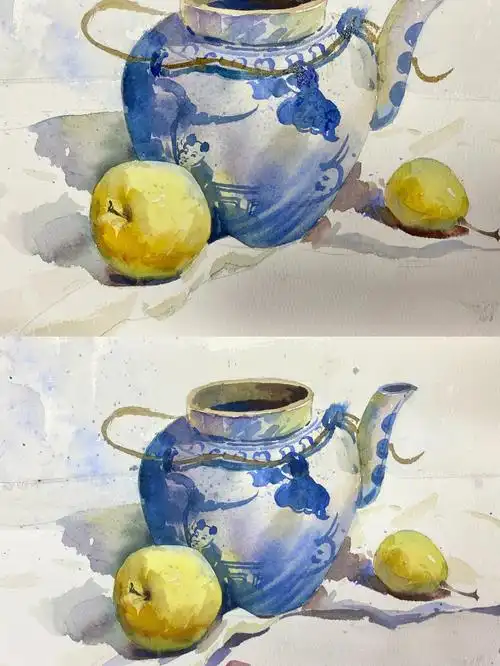 静物水彩白罐子和苹果的画法直播返图