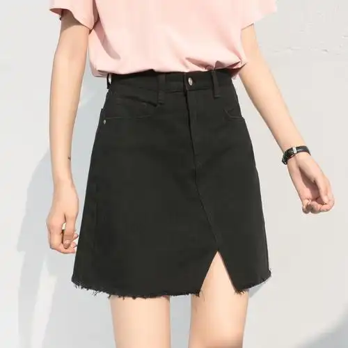 哈果自制 开叉a字裙黑色流苏牛仔短裙 不规则半身裙女夏季裙子潮