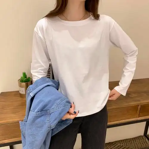 纯白色长袖恤女打底秋装纯棉学生宽松圆领内搭t恤