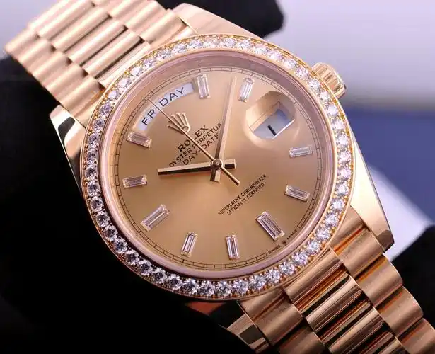 奢华18k黄金镶钻rolex劳力士daydate228348冰糖条钻自动机械男表