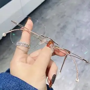 无框眼镜女近视钻石切边韩版潮带链条ins风网红款可配近视有度数