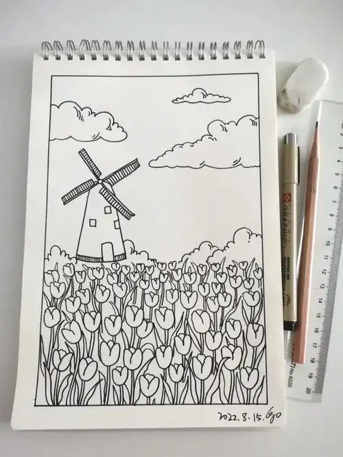 郁金香花海风景简笔画场景画法原创76