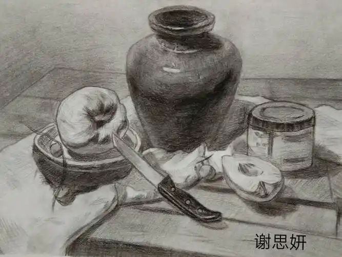 基础部素描静物临摹小稿和完整稿课程之陶罐与水果组合