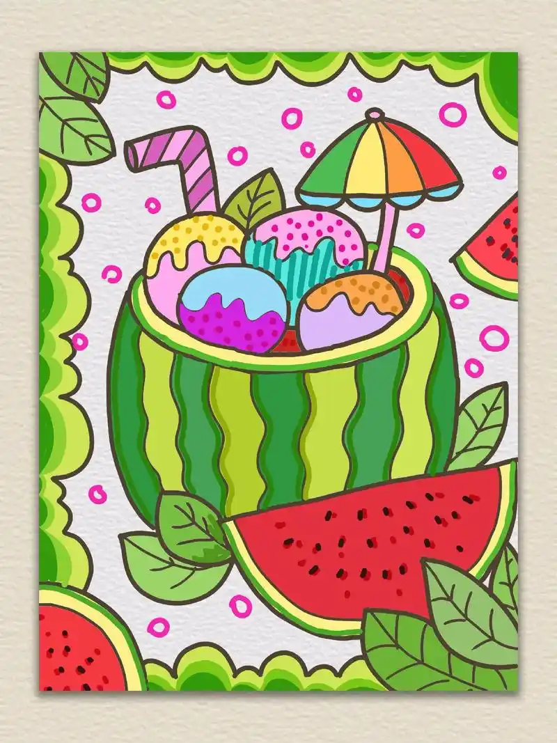 西瓜冰淇淋.91适合5-8岁宝贝 94工具:铅笔,橡皮,马克 - 抖音