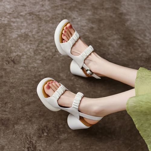 balitomms防水台粗高跟鞋罗马凉鞋春夏一字带全皮踩死感女鞋 米白色