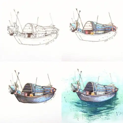 每日一画一搜小船钢笔淡彩绘画过程