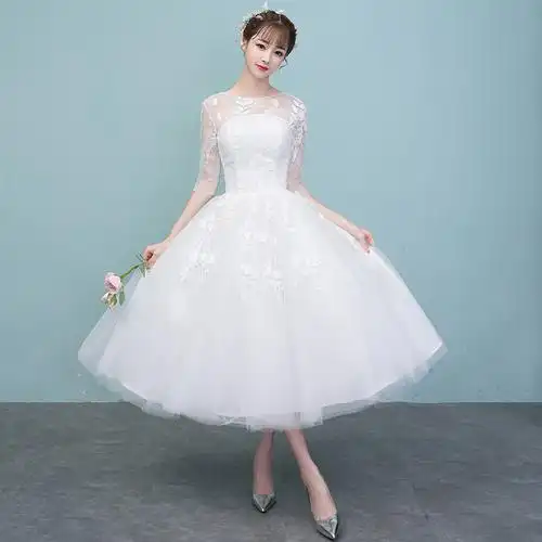 森系轻婚纱礼服2019新款新娘一字肩孕妇简约修身显瘦中长款小个子