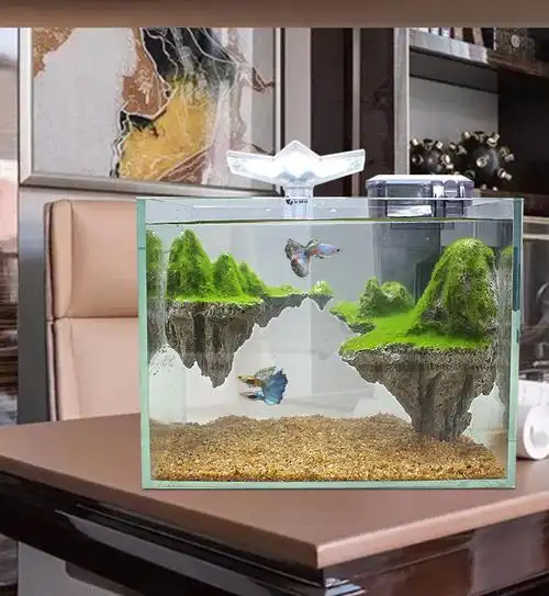 鱼缸造景悬浮天空之城造景小型超白玻璃桌面鱼缸客厅家用悬浮石头生态