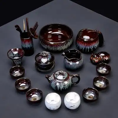 钧窑沙金建盏功夫茶具鎏银杯陶瓷套装家用窑变天目釉整套茶壶盖碗