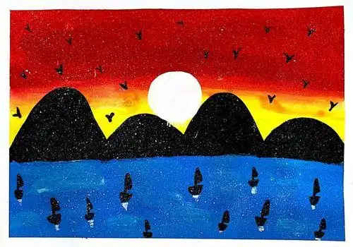 《鞭炮》少儿创意美术水粉画风景《湖边夕阳》水粉b创意儿童绘画创意