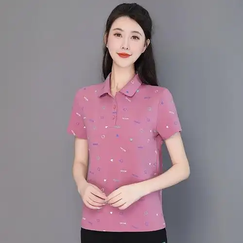 女士印花纯棉体恤短袖宽松上衣翻领中年妈妈大t恤polo女2024夏装