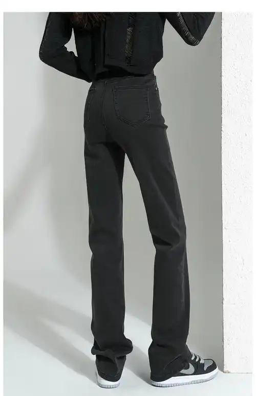 蓝灰色直筒牛仔裤女2022年秋冬季新款加绒高腰显瘦弹力加长烟管裤