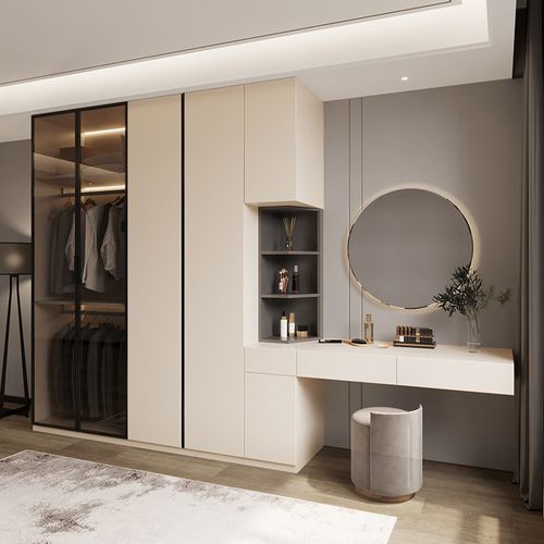 现代简约大衣橱家用卧室开门衣柜轻奢玻璃门衣柜带梳妆台一体定制