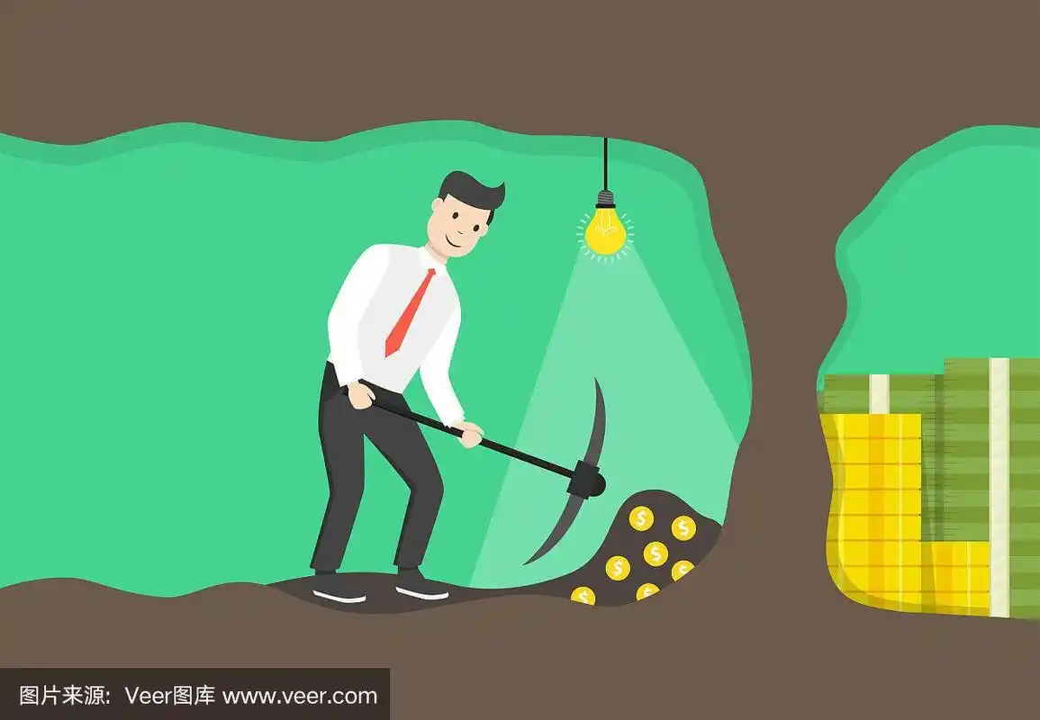 商人挖矿寻宝.经营理念.平的卡通风格.矢量插图.