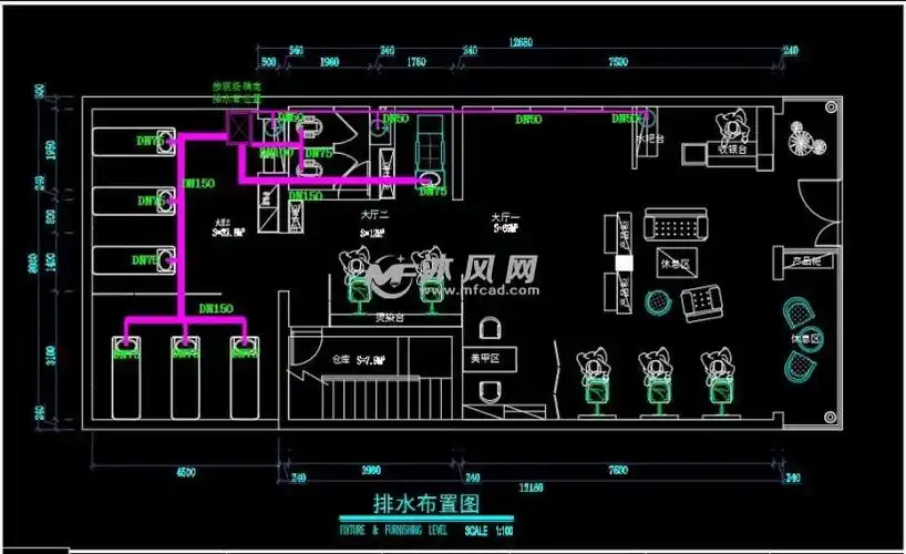 时尚工业风格理发店cad施工图 效果图