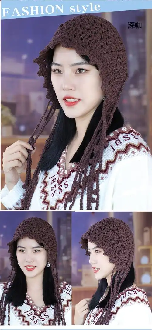帽子头饰镂空毛线帽女士秋冬复古针织帽编织流苏帽子手工钩花包头帽