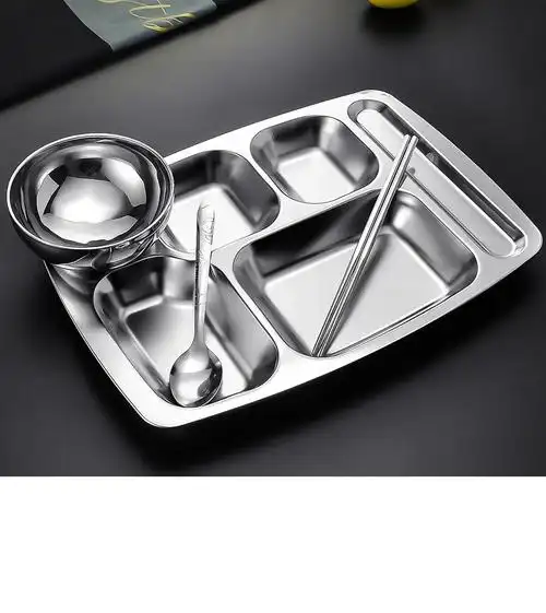 不锈钢快餐盘长方形学生食堂分餐盘分格六格加厚加深工厂饭店分餐盘