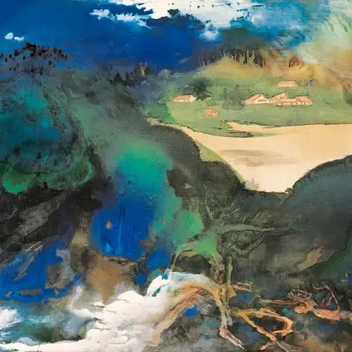 张大张大千千爱痕湖泼墨青绿山水画横幅宣纸画芯国画