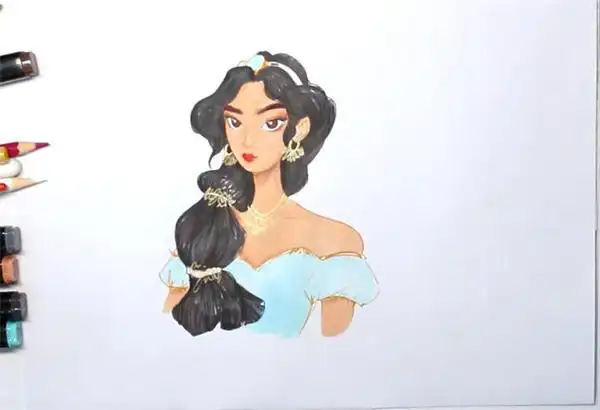 耳环和项链涂上金色衣服涂上蓝色美丽的茉莉公主简笔画就完成啦