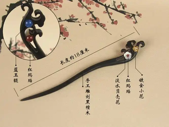 头饰复古步摇古典盘发头饰女发钗古装黑檀木木簪长约18cm卷珠帘双黄花