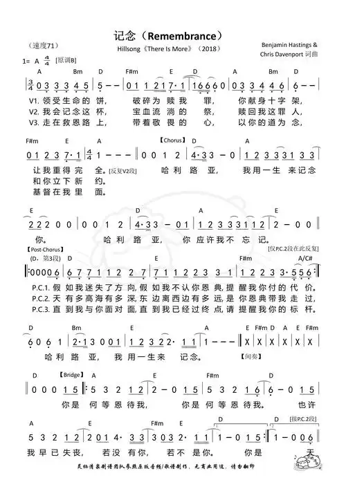 第919首记念remembrancehillsonga调和弦简谱