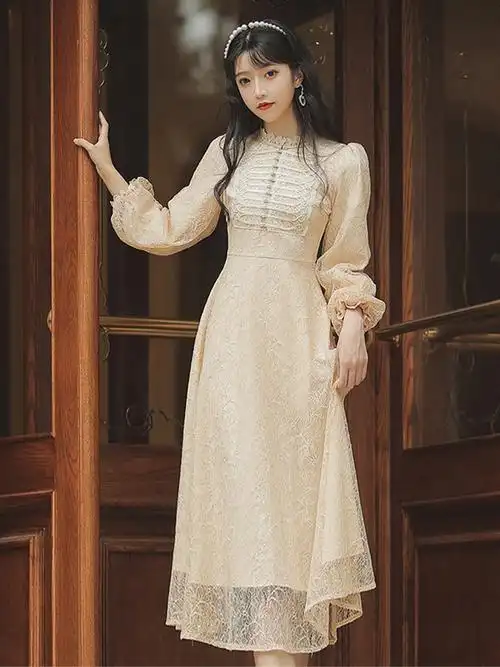 法式宫廷复古重工蕾丝拼花花边连衣裙气质女神范连衣裙