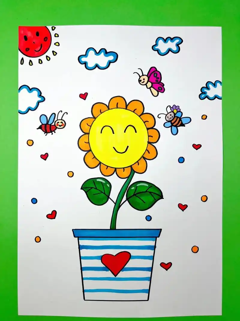 春天主题简笔画.教你画一个简单可爱的向日葵 ,愿我们像向日葵 - 抖音