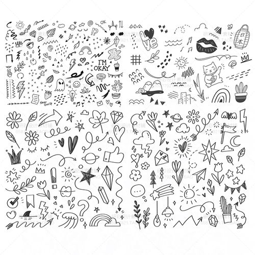 黑白手绘简笔画铅笔箭头爱心线条卡通手账生日插画背景ai设计素材