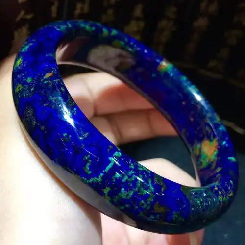 b52285超值天然精品蓝铜矿孔雀石手镯颜色超美花纹手镯