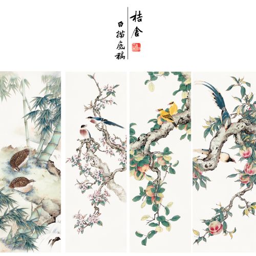 【四条屏】陈军工笔画白描稿桃树黄鹂多种白描尺寸参照图可选cj61