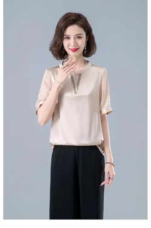 浅恋妈妈装夏装真丝短袖衬衫上衣夏季中年妇女桑蚕丝中老年人女装