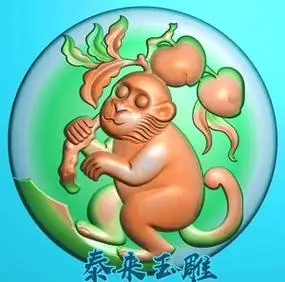 圆深雕生肖桃子猴子圆牌木雕精雕图浮雕玉雕灰度图jdpbmp猴雕刻图