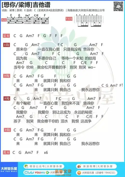 想你吉他谱梁博想你吉他谱大树音乐屋