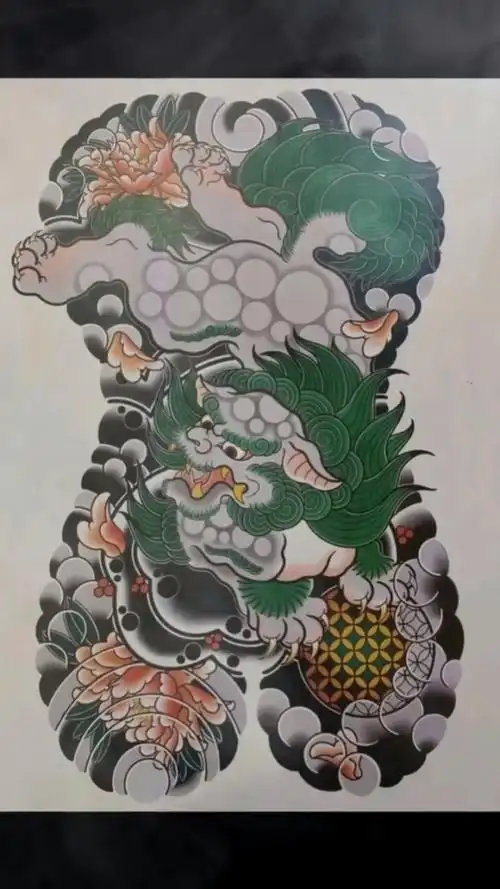 满背唐狮纹身手稿