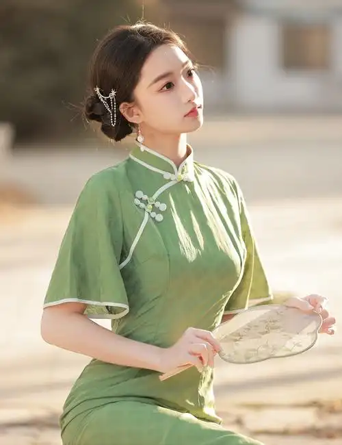 古法旗袍复古文艺2023年新款夏季纯色袖子中国旗袍