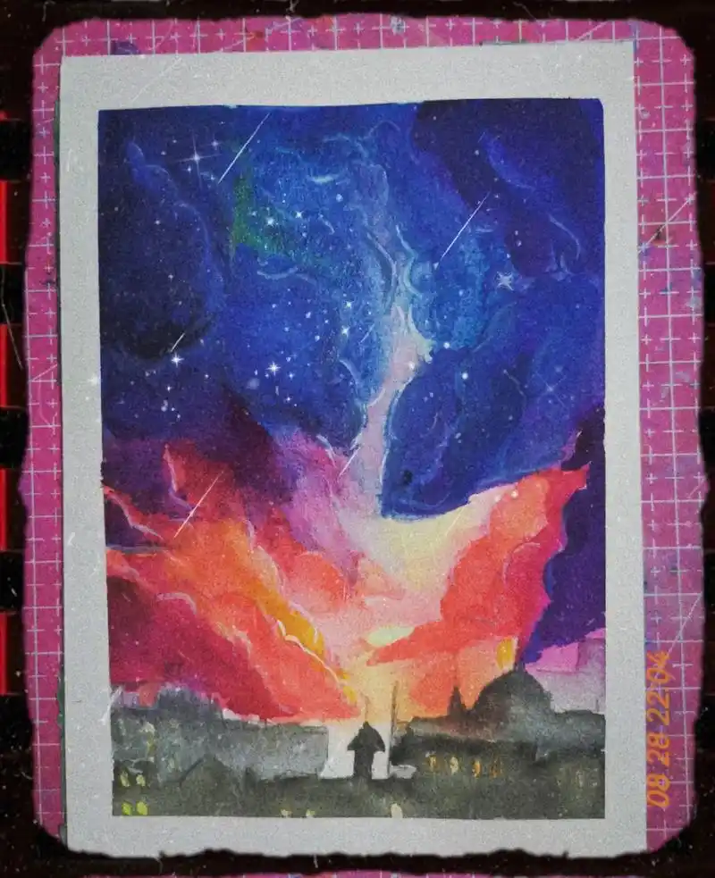 水彩星空.繁星点点,流星划过,许个愿吧#手绘 #水彩 #临摹 - 抖音