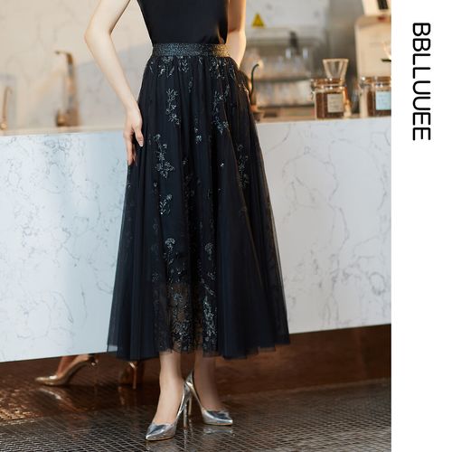 粉蓝衣橱【商场同款刺绣蕾丝半裙】2024秋冬浪漫黑色网纱半身裙女933q