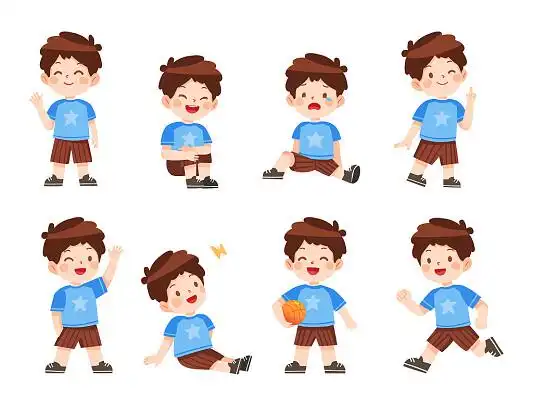 蓝色卡通小男孩不同动作png素材卡通小男孩元素