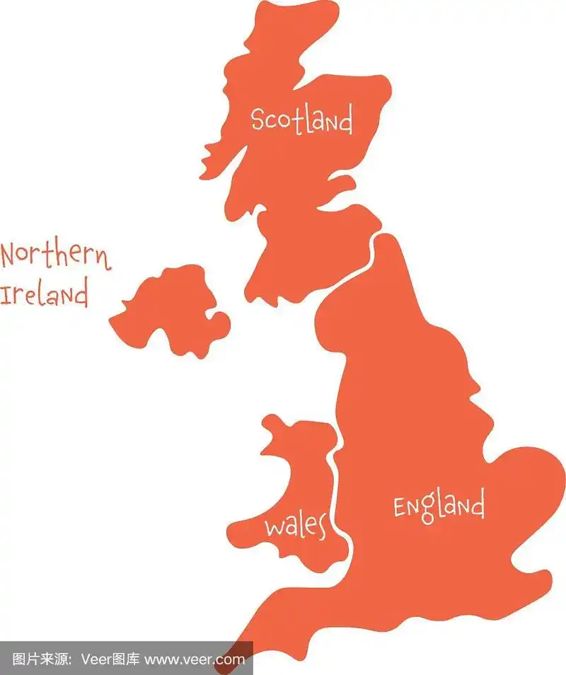 英国,又名uk,大不列颠和北爱尔兰的手绘空白地图.