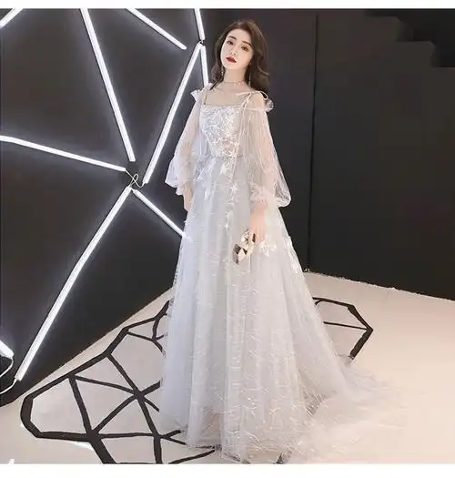 仙气梦幻晚礼服女2022春季新款宴会时尚长款高端大气一字肩连衣裙