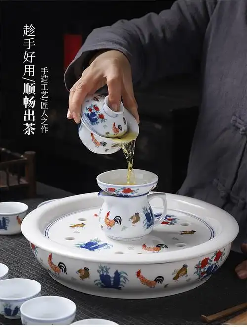 成化斗彩鸡缸杯茶具茶盘整套装家用创意手工茶壶盖碗茶杯功夫茶具茶壶