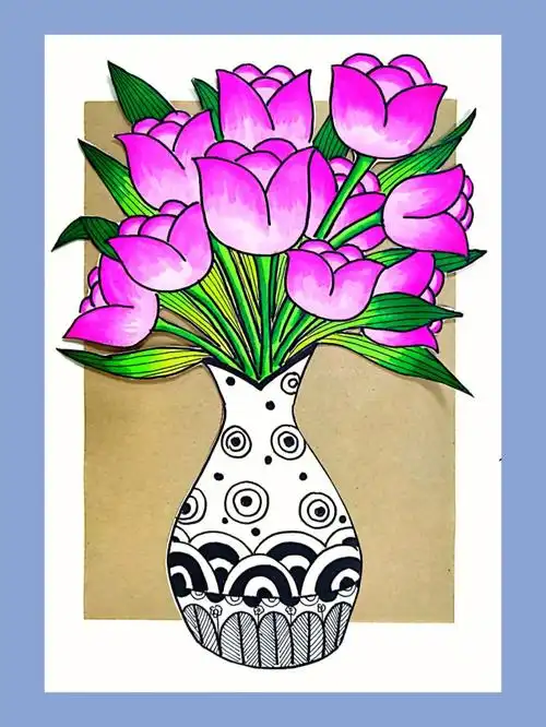 春日主题画花瓶中的郁金香马克笔67岁